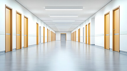 Fototapeta premium Long Interior Hallway with Wooden Doors and Bright Lighting with Perspective View