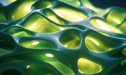 Macro shot of glowing green organic structures illuminated by gradient light forming a futuristic biological abstract .