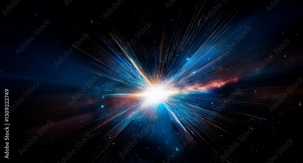 Poster a powerful explosion of light bursts forth in the dark expanse of space, with energetic streaks of b