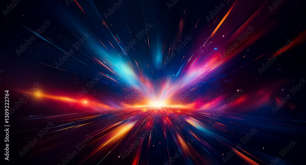 Poster vibrant streaks of light in blue, red, and orange erupt from a central point on a dark backdrop, con