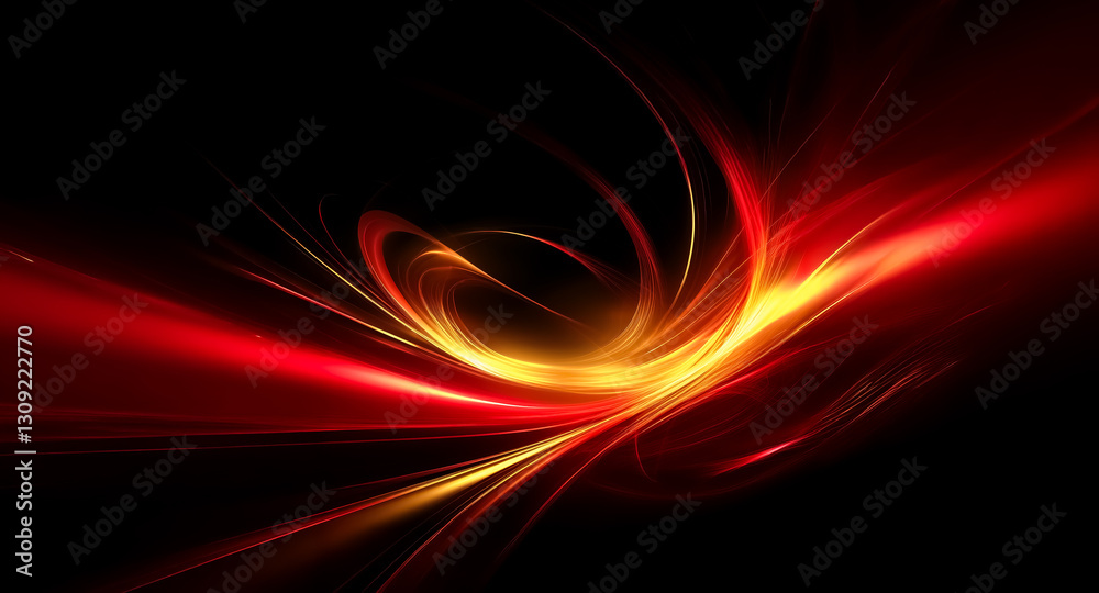 Poster abstract image featuring dynamic swirls of vibrant red, orange, and yellow light trails against a st