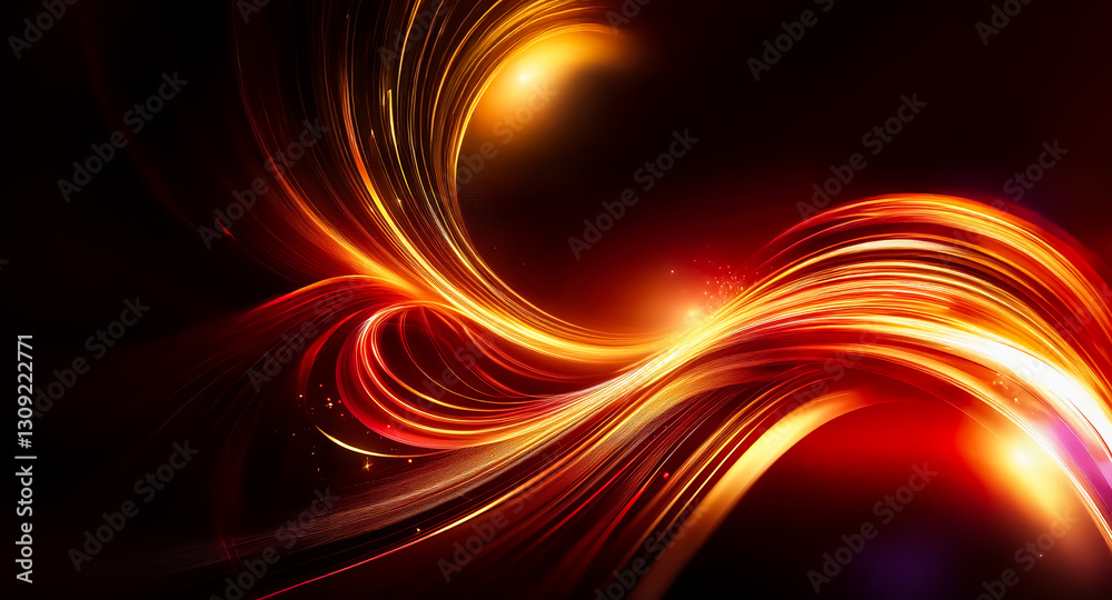 Poster abstract image featuring flowing, dynamic light trails in warm hues of orange, red, and yellow, agai
