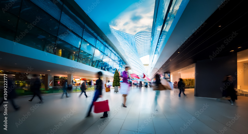 Poster modern interior space with blurred figures walking through. high blue ceiling and glass walls create