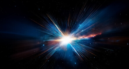 A powerful explosion of light bursts forth in the dark expanse of space, with energetic streaks of blue and orange radiating outwards.