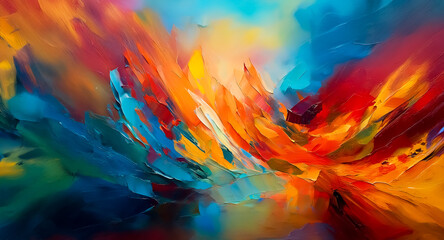 Abstract vibrant painting featuring dynamic brushstrokes and a vivid color palette with a sense of movement and energy.