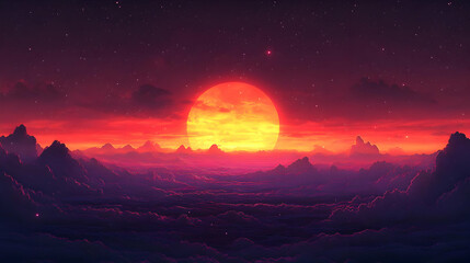 Retro Sunset Over A Cityscape With Mountains