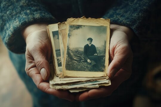 Holding onto memories with vintage photographs in a warm atmosphere of nostalgia