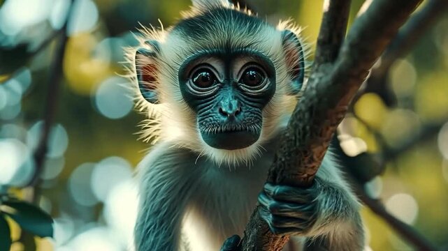 This image showcases a young monkey perched on a tree branch, capturing attention with its big eyes. A perfect representation of wildlife in a serene natural setting. AI