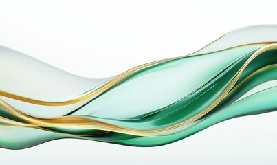 Obraz premium Minimalist rendering of smooth green and gold wave patterns blending dynamically against a clean white background, creating an elegant composition