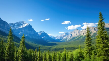 Fototapeta premium Majestic mountain range with lush green valley and evergreen trees under a clear blue sky.