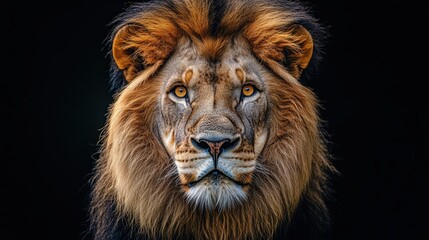 Obraz premium A majestic lion's face in close-up, showcasing a rich blend of light and dark browns, hints of orange, and a thick, fluffy mane enhancing its regal presence
