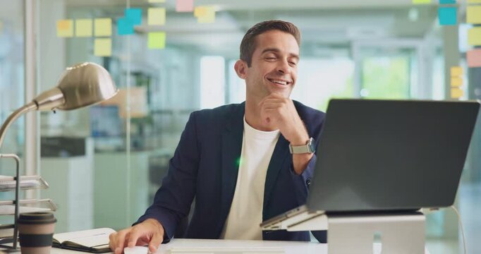 Office, businessman and smile with laptop for information, article research and proofreading story. Career, male person and journalist in creative agency for news publication, blog website or editing