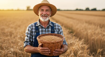 Fototapeta premium Senior caucasian farmer holding basket of wheat in golden field at sunset. Organic agriculture, sustainable farming, and harvest concept. Countryside landscape.