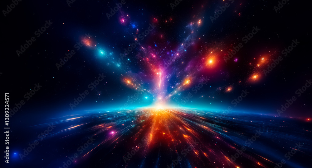 Poster vibrant light streaks explode from a central point, illuminating a dark expanse like a cosmic burst,
