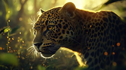 A powerful leopard captured in stunning detail, golden light illuminating its muscular frame, soft-focus Savanna stretching behind, piercing gaze exuding strength, close-up wildlife portrait.