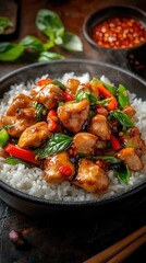 Vibrant stir-fried chicken dish served over fluffy white rice with fresh vegetables and herbs for a delightful meal experience. Generative AI