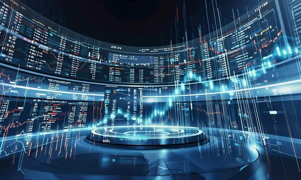 Futuristic trading room with digital screens displaying stock market data and graphs in a virtual space