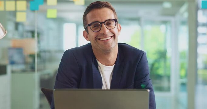 Office, businessman and face with laptop for email, article research and proofreading information. Portrait, male person and journalist in creative agency for news publication, blog website and happy
