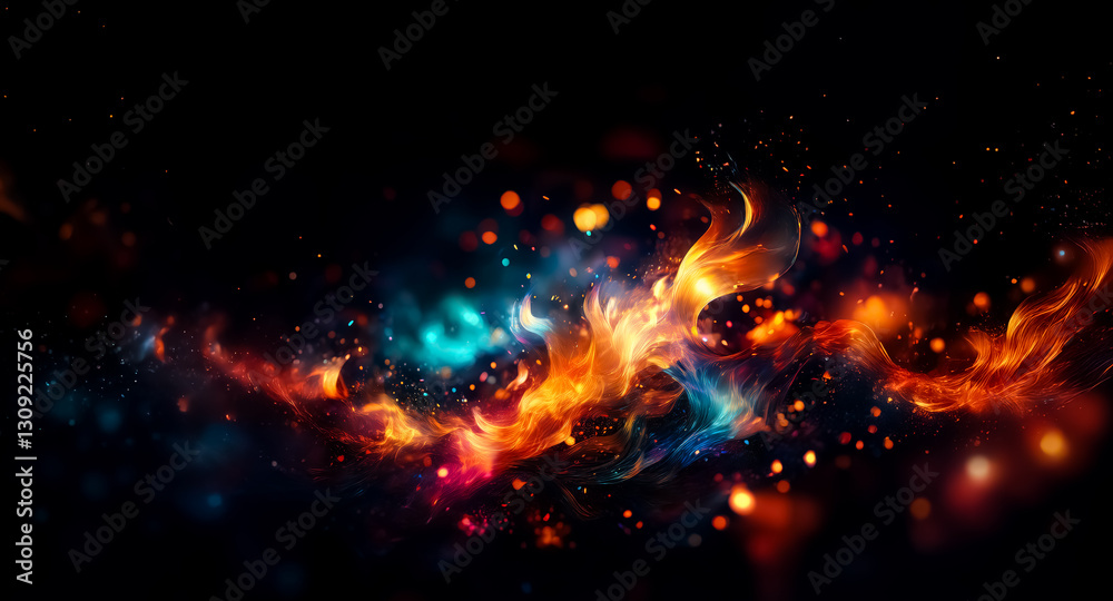 Poster abstract cosmic artwork featuring vibrant swirls of orange, blue, and red hues against a dark backdr