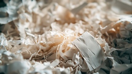 A rich detailed shot of recycled paper shredding into pulp, individual fibers visible under soft lighting, eco-conscious material breakdown, macro close-up perspective. 