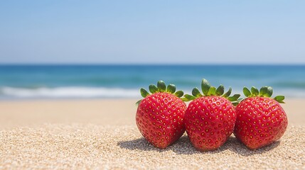 Strawberries on sand tropical beach background for Summer food, drinks, or vacations promotion