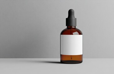Amber bottle mockup, blank label, gray background, product packaging