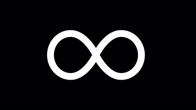Icon infinity is distorted. Glitch. Noise, chromatic aberration, geometric distortion. Transparent background, looped. In-Out looped. Alpha BW at the end