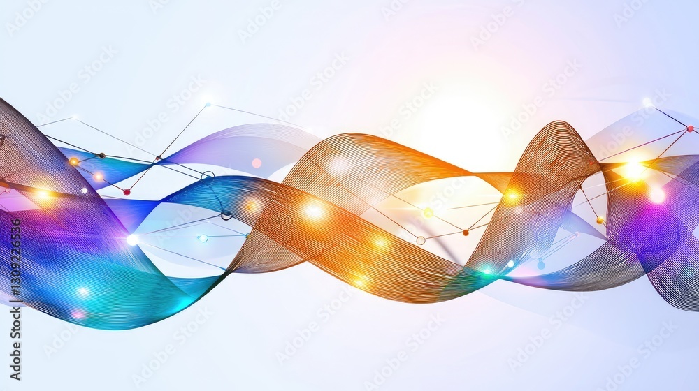 Poster abstract tech-inspired background with interconnected digital nodes and data transfer waves.