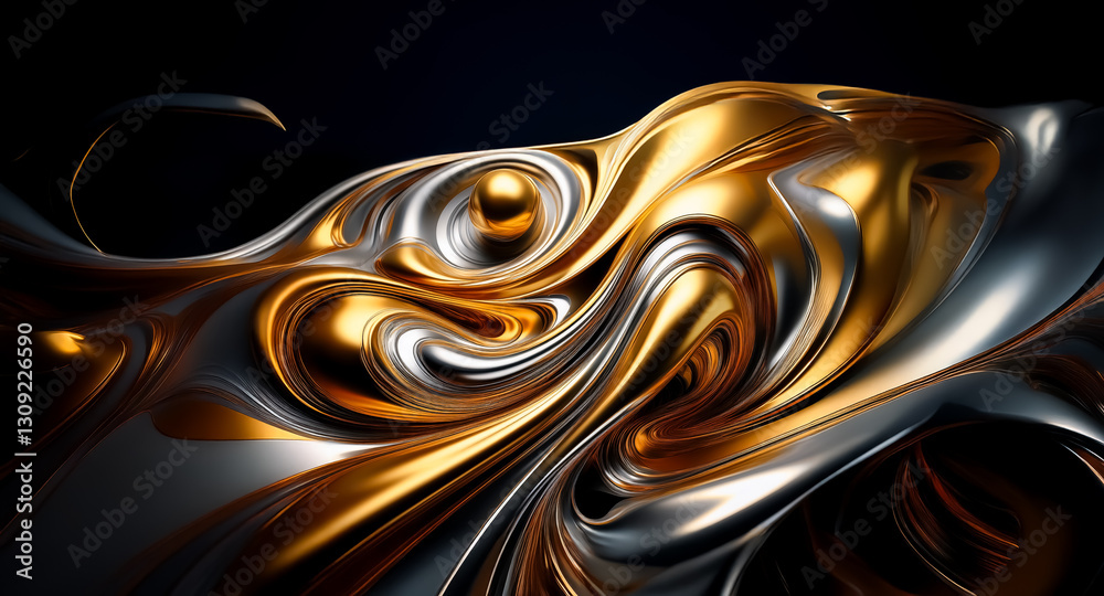 Poster abstract flowing shapes with metallic gold and silver hues on a dark backdrop, creating a smooth, re