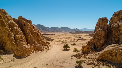 Obraz premium Aerial shot of a dry, rocky desert with towering boulders and a barren landscape.