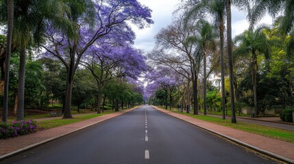 Obraz premium A picturesque street adorned with beautiful trees and vibrant blooming purple flowers creates a serene atmosphere in a tranquil park on a beautifully overcast day