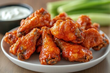 Fototapeta premium Hot and spicy chicken wings served with celery sticks