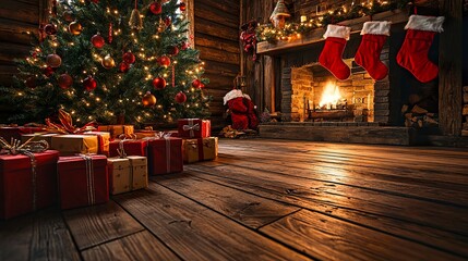 Fototapeta premium A rustic cabin scene with colorful Christmas gift boxes on the wooden floor, a glowing tree adorned with ornaments, red stockings hanging, warm festive lighting, wide-angle perspective. 
