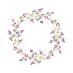 Obraz premium Lilac flowers sprig with green leaves. Spring wreath round frame, border. Template with copy space. Purple blossom of spring. Botanical floral background. Clipart for wedding, postcard, print, textile
