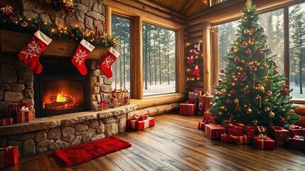 Fototapeta premium A rustic Christmas cabin with a decorated tree, colorful presents on the wooden floor, red stockings hanging near a stone fireplace, soft warm lighting, festive cozy mood, wide-angle view. 