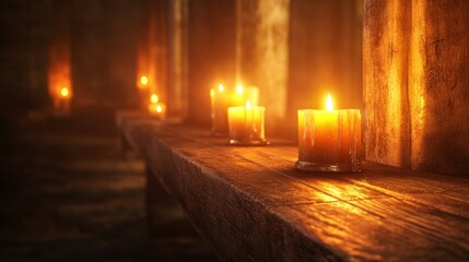 Row of glowing candles on an ancient wooden altar, emitting a warm golden light
