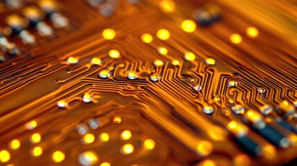 Close-up of Circuit Board, Golden Hues, Technological Marvel