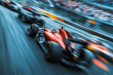 Obraz premium High-speed racing car on lit-up track during motorsport event, generative AI