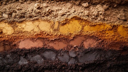 Fototapeta premium A scientific close-up of soil samples under geotechnical analysis, diverse layers of clay, sand, and gravel visible, rich earthy tones highlighted by soft lighting, macro shot.