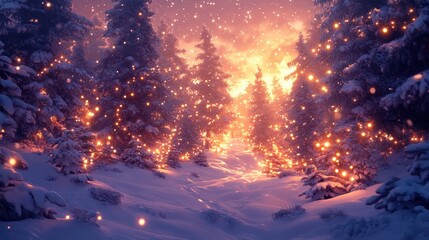 Naklejka premium Enchanting winter forest with glowing snow and sparkling lights at sunset