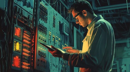 Male engineer in data center managing servers with tablet