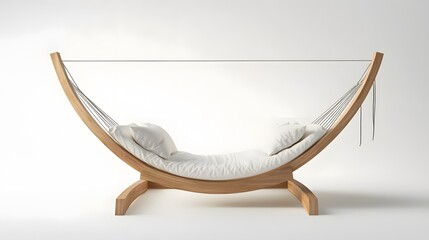 Serene Hammock: A contemporary hammock, elegantly suspended within a curved wooden frame, offering a serene sanctuary for relaxation and tranquility.