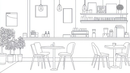 Obraz premium Line drawing cafe interior, tables, chairs, bar. Possible use Stock photo for cafe design, restaurant layout, interior design