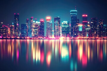 Fototapeta premium Vibrant Night Cityscape Skyline Reflected in Calm Water Stunning Urban Panorama