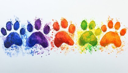Vibrant rainbow paw prints painted on white canvas, creative puppy footprint design, abstract art with colorful animal paw prints and rainbow effect