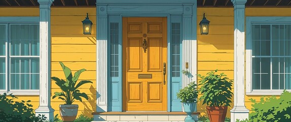 anime wooden front door in yellow colonial home house frontage portrait retro cartoon illustration