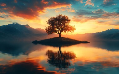 Obraz premium Beautiful New Zealand lake at sunset, lone tree on an island, calm water reflecting a vibrant sky and majestic mountains, peaceful nature landscape for travelers and outdoor lovers