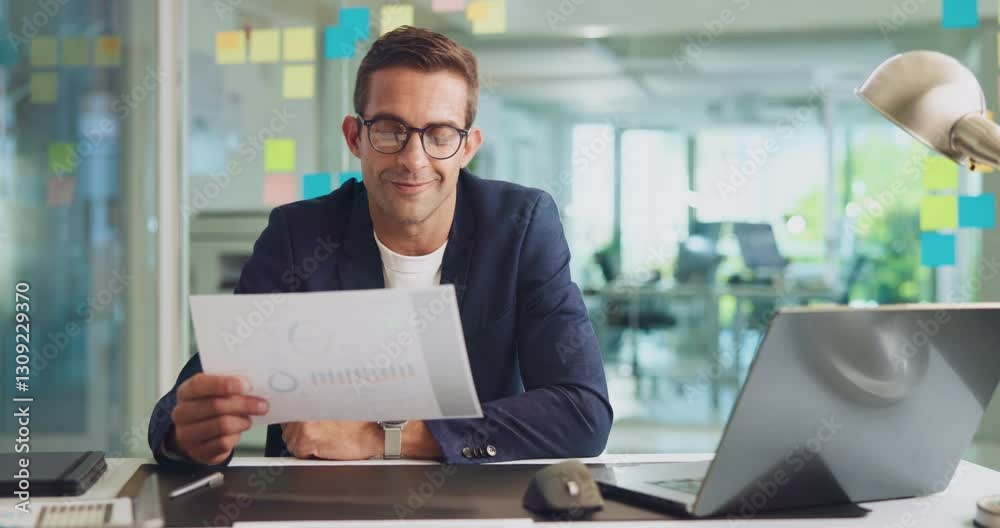 Poster auditor, laptop and business man with document, financial stats and bookkeeping data. computer, offi
