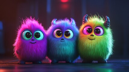 Fototapeta premium Three fuzzy characters standing in a dark hall with glowing lights