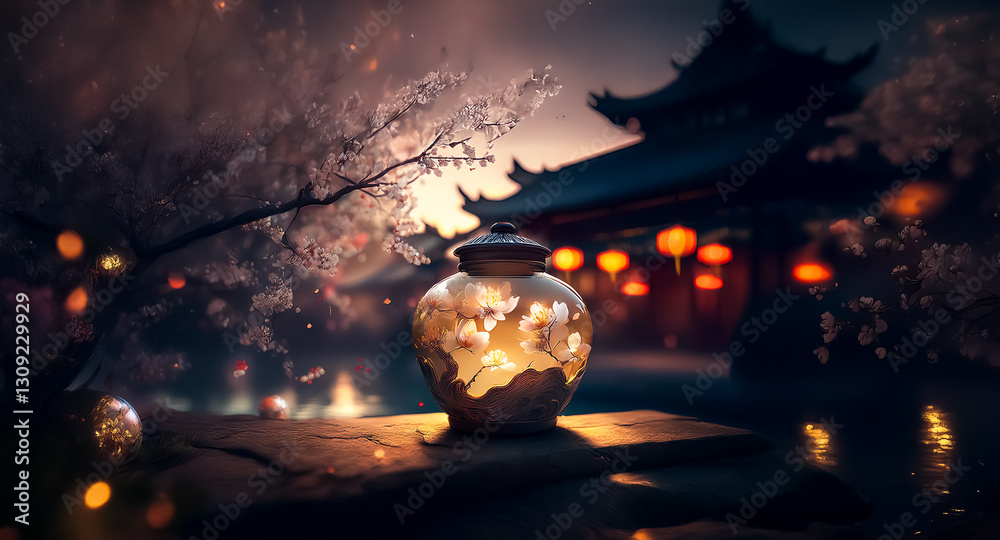 Aufkleber a decorative lantern with cherry blossom patterns illuminates a tranquil night scene. a pagoda and f